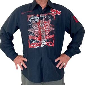 Men’s black button down shirt size large red embroidered graphic long sleeve